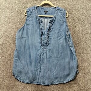 Talbots Blouse Top Sleeveless‎ Denim Chambray Lyocell Ruffle Neck Tank Casual